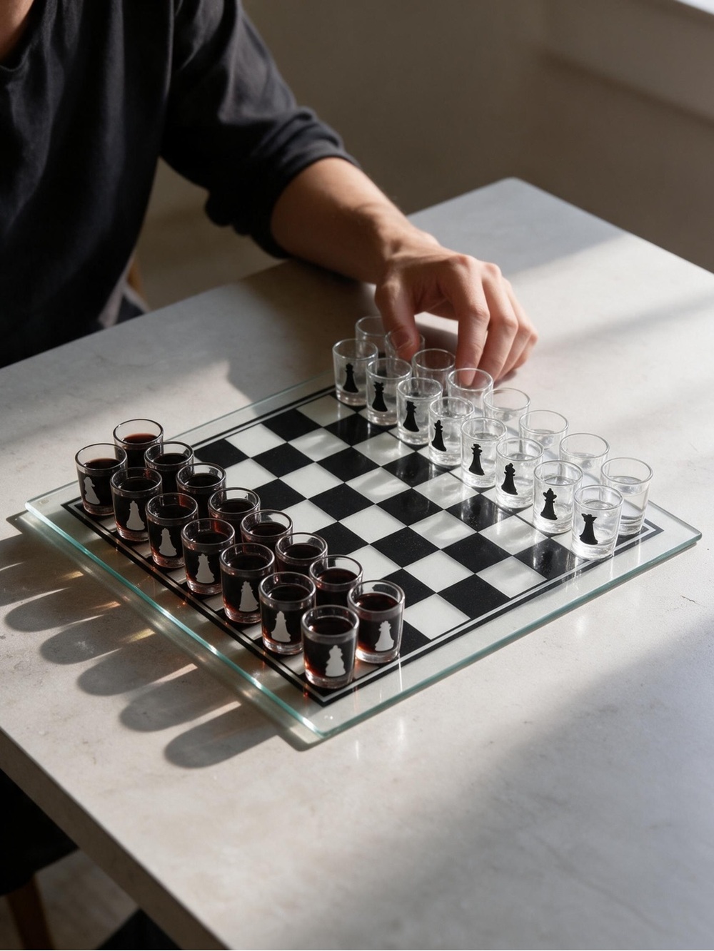 Glass Shot Chess Set Black, White & Clear Glass Unique Fun